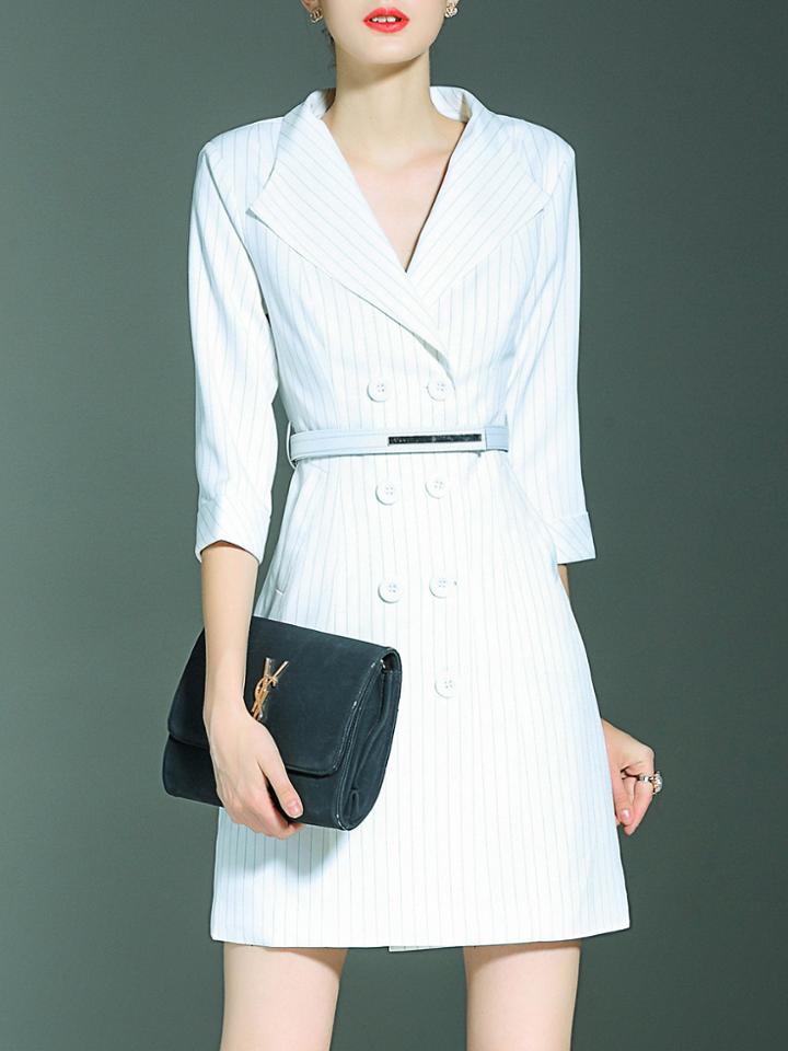 Shein White V Neck Belted Shift Dress