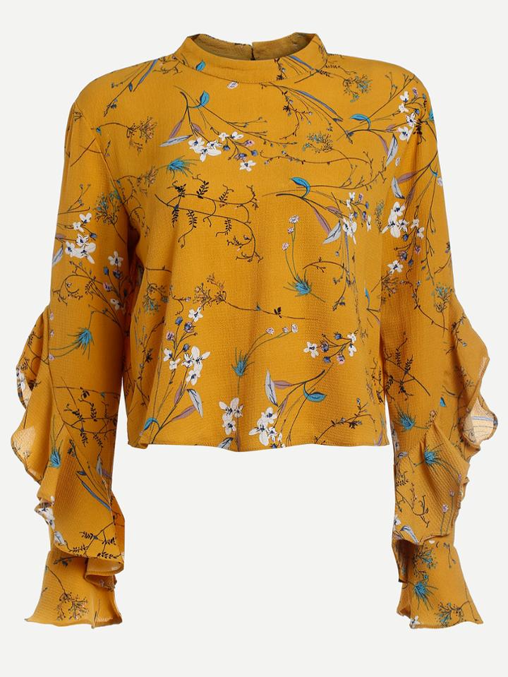 Shein Band Collar Ruffle Trim Keyhole Back Top