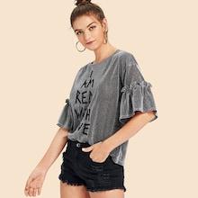 Shein Flounce Sleeve Letter Print Glitter Tee