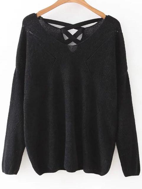 Shein Black V Neck Criss Cross Back Knitwear