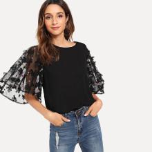 Shein Flower Applique Mesh Sleeve Top