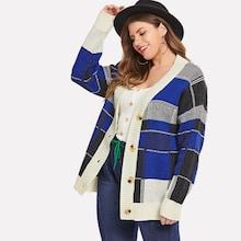 Shein Plus Button Contrast Plaid Sweater Coat