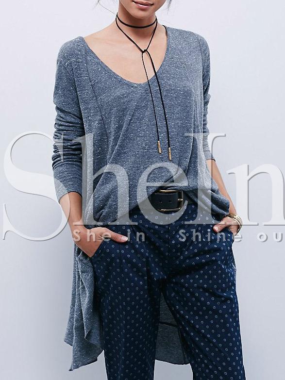 Shein Grey Long Sleeve V Neck Asymmetric T-shirt