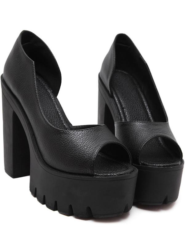 Shein Black Peep Toe Cutout High Block Heel Pumps