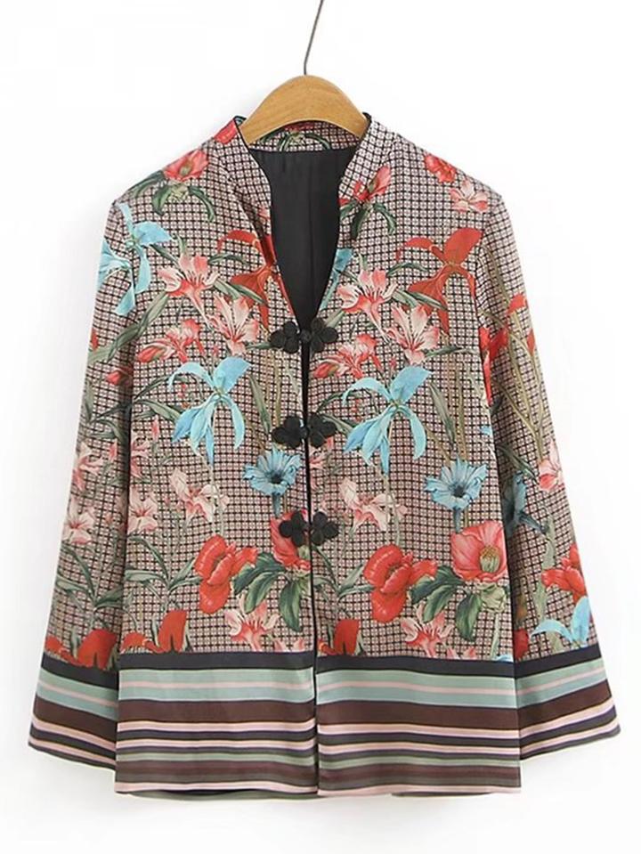 Shein Floral Print Frog Button Gingham Coat