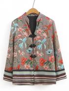 Shein Floral Print Frog Button Gingham Coat