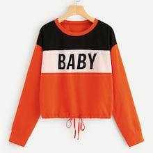 Shein Plus Drawstring Hem Color Block Letter Pullover