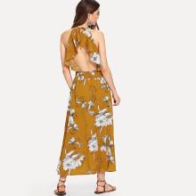 Shein Ruffle Trim Cut Out Back Floral Dress
