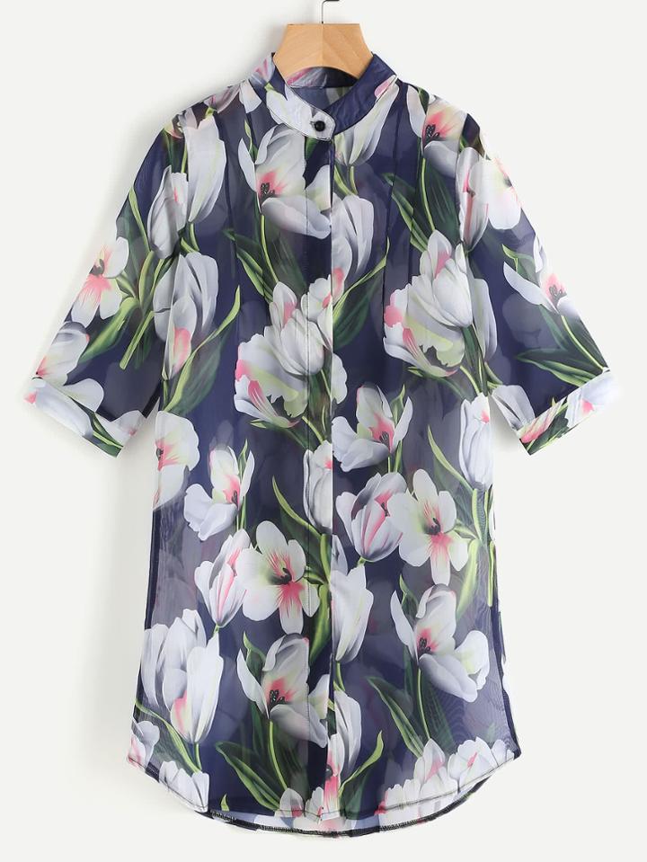 Shein All Over Floral Print Sheer Blouse