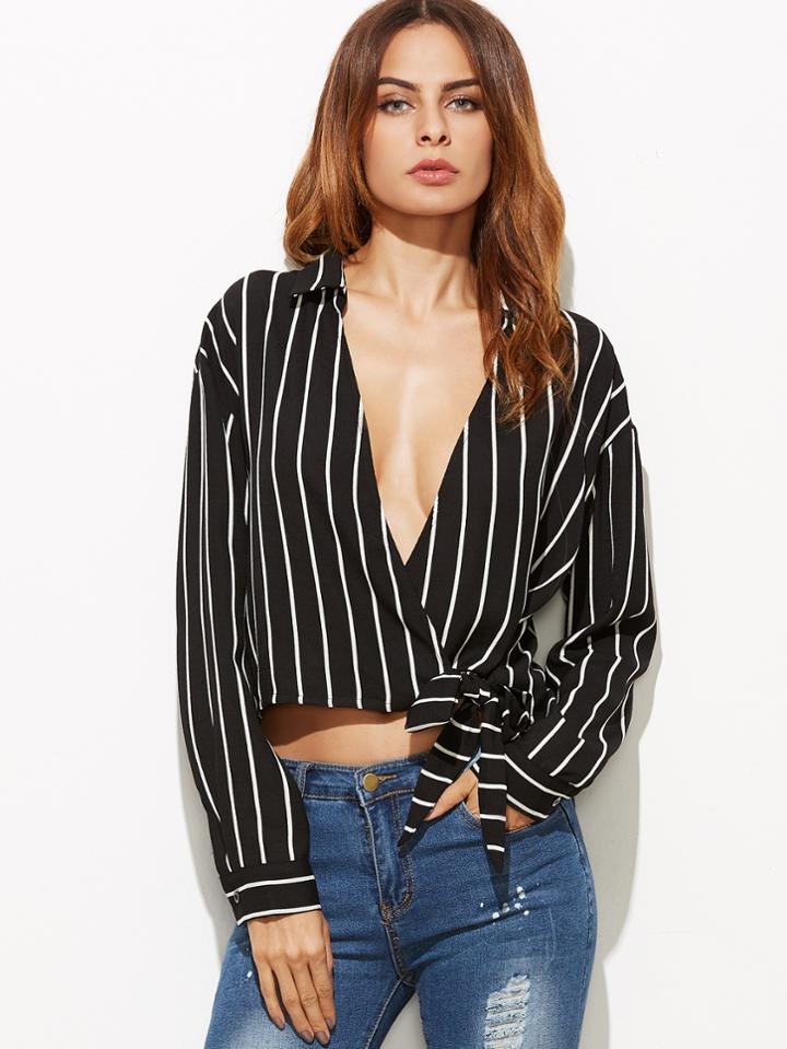 Shein Black Vertical Striped Plunge Surplice Wrap Blouse