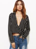 Shein Black Vertical Striped Plunge Surplice Wrap Blouse
