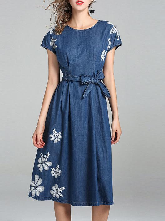 Shein Flowers Tie-waist Denim Dress