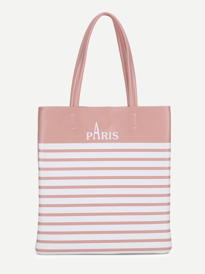 Shein Letter Print Striped Pu Tote Bag