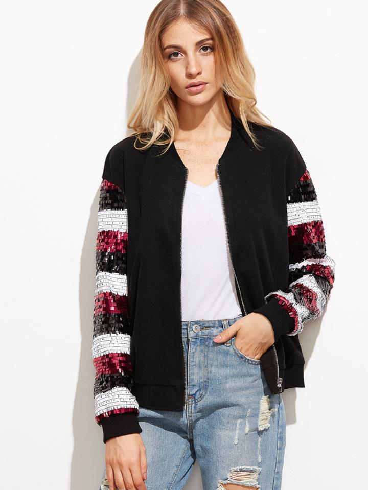 Shein Color Block Sequin Sleeve Zip Up Bomber Jacket
