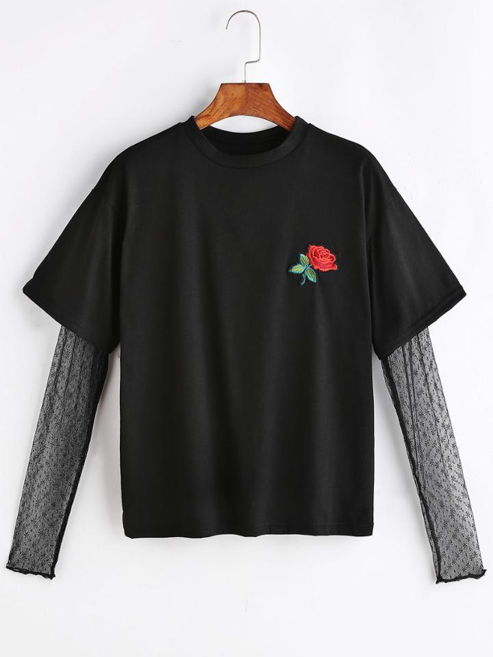 Shein Black Rose Embroidered Patch Contrast Mesh Sleeve 2 In 1 T-shirt