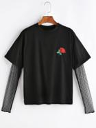 Shein Black Rose Embroidered Patch Contrast Mesh Sleeve 2 In 1 T-shirt