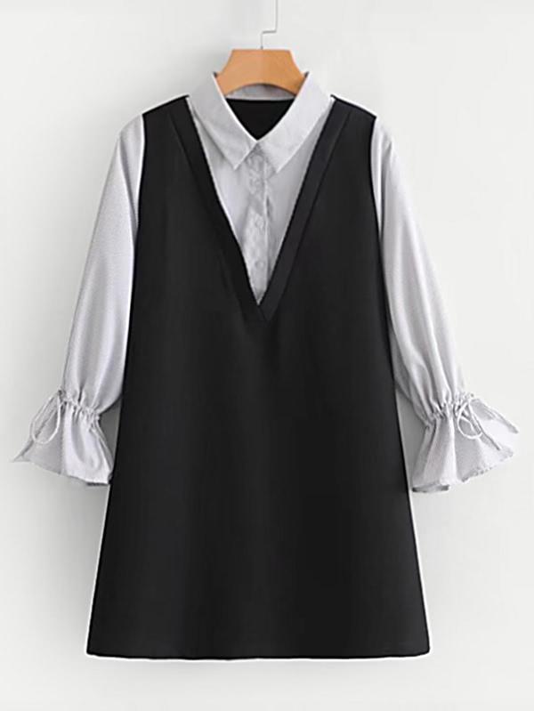 Shein 2 In 1 Fluted Sleeve Striped Dress