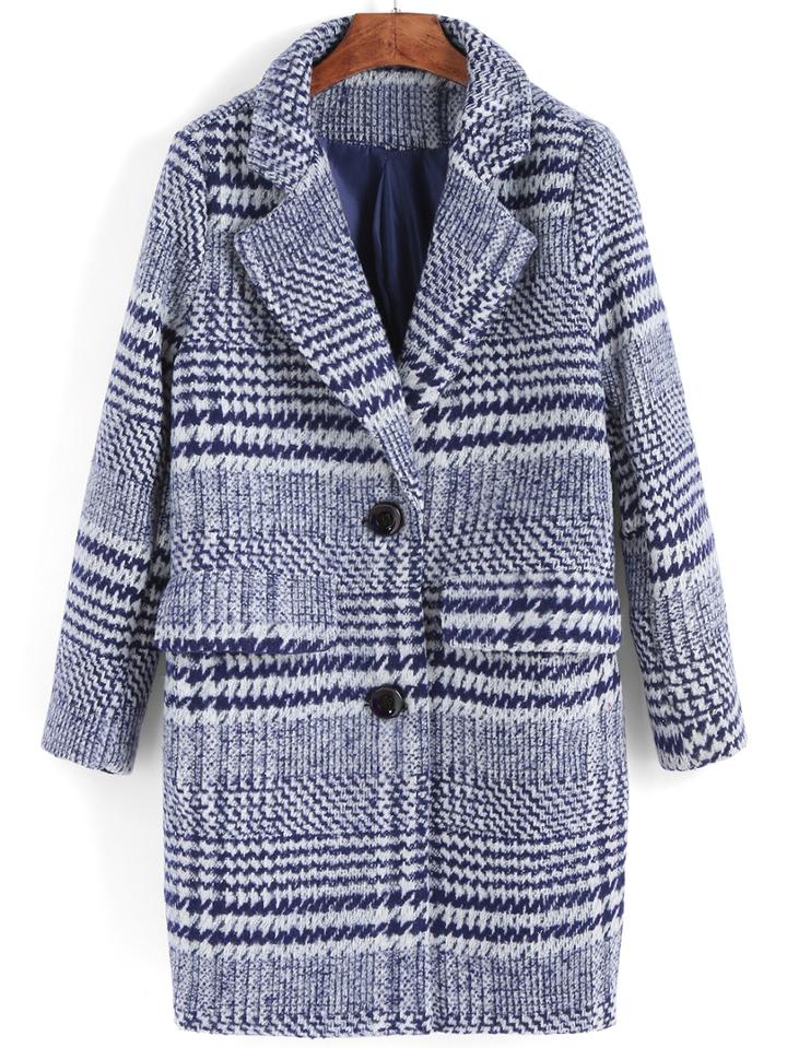 Shein Blue Lapel Plaid Single Breasted Woolen Coat