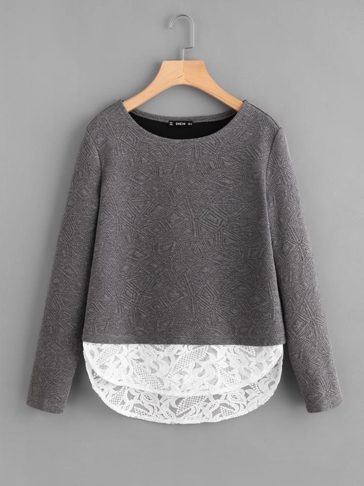 Shein Curved Embroidered Mesh Hem Textured Tee