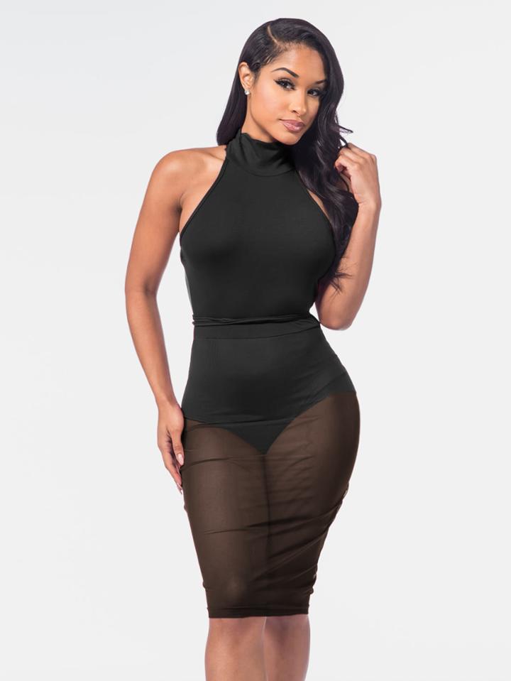 Shein Lace Up Backless Sheer Overlay Bodysuit Dress
