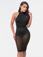 Shein Lace Up Backless Sheer Overlay Bodysuit Dress