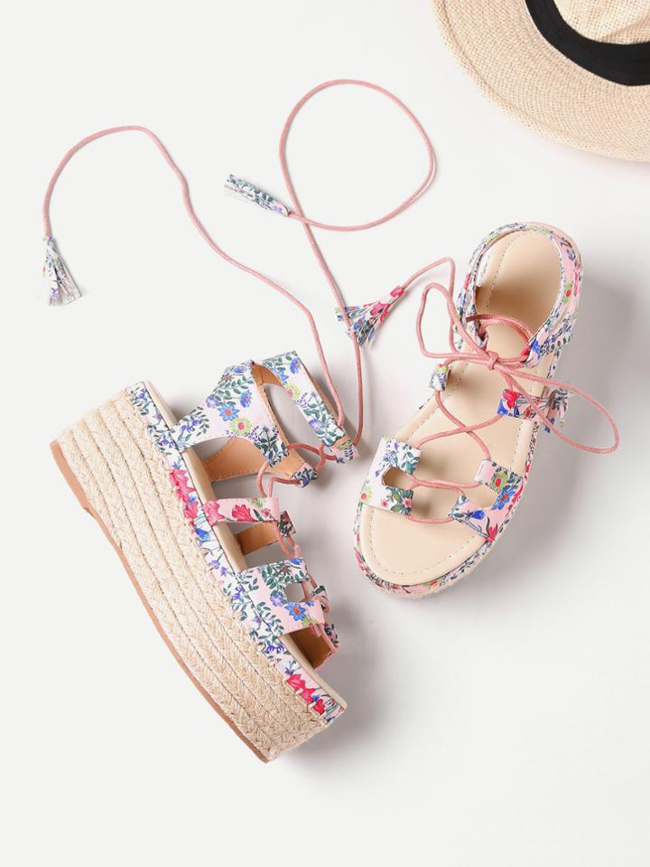 Shein Calico Print Lace Up Espadrille Flatform Sandals