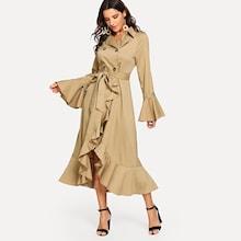 Shein Waist Belted Ruffle Hem Double Button Coat