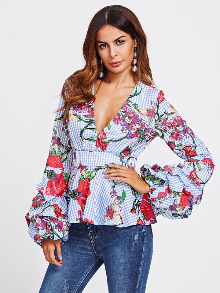 Shein Mixed Print Plunging Peplum Top