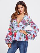 Shein Mixed Print Plunging Peplum Top