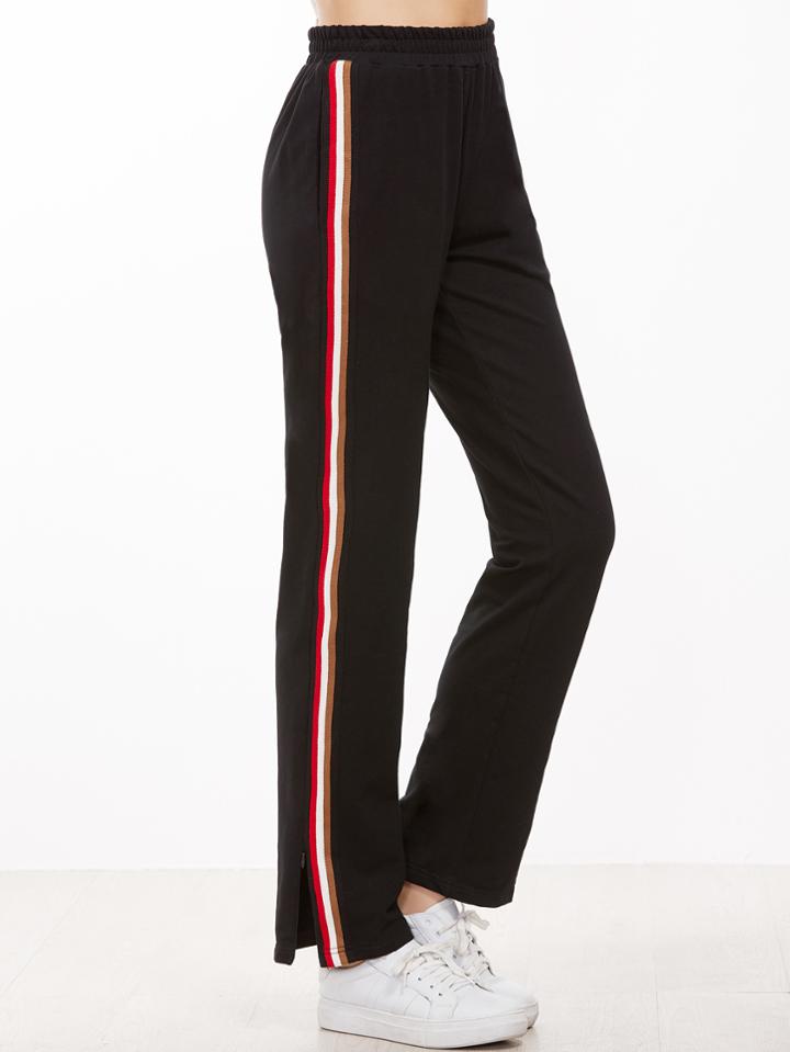 Shein Black Striped Sideseam Zip Hem Sweatpants