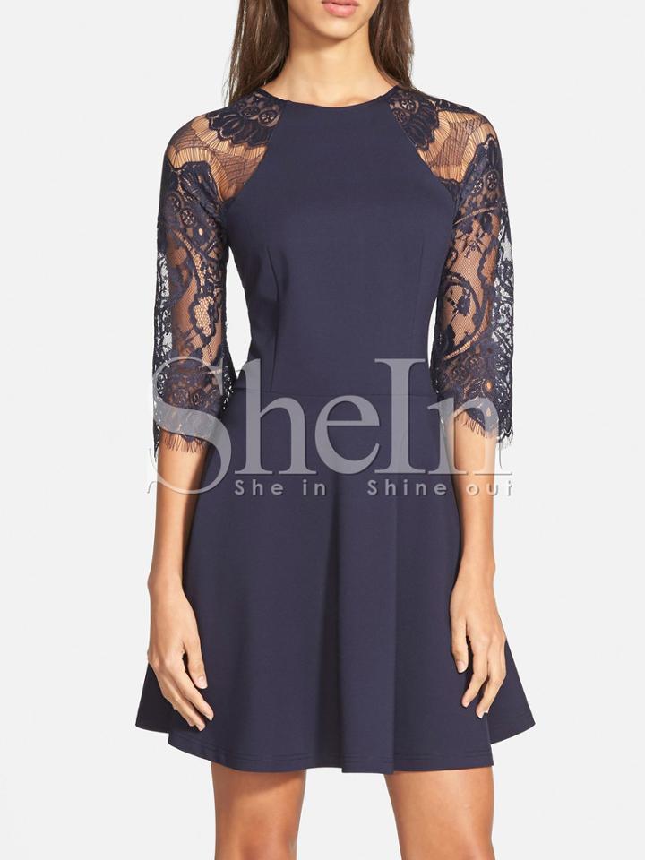 Shein Navy Raglan Half Sleeve With Crochet Lace Dress