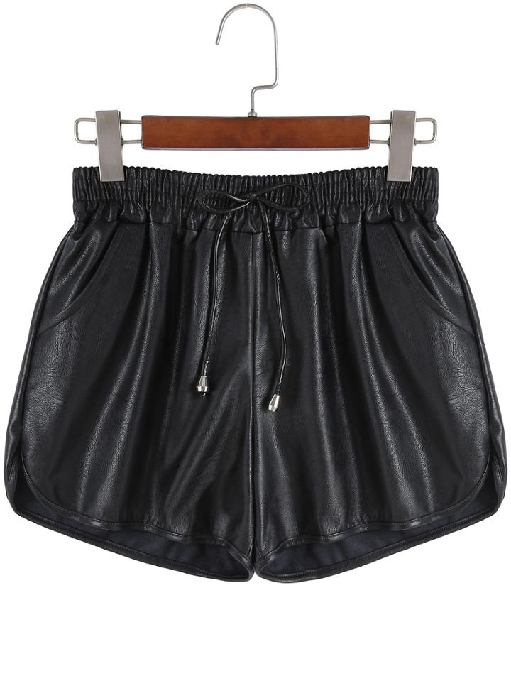 Shein Black Elastic Waist Pu Shorts