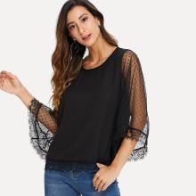 Shein Lace Trim Mesh Sleeve Panel Blouse