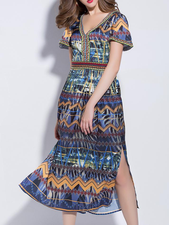 Shein Multicolor V Neck Print Split Dress