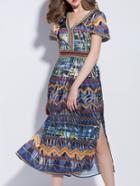 Shein Multicolor V Neck Print Split Dress