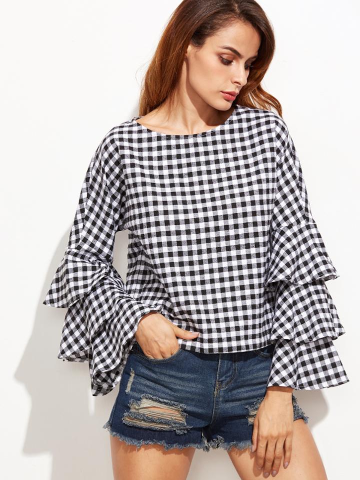 Shein Black Gingham Layered Sleeve Top