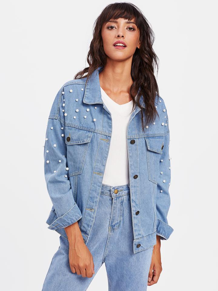 Shein Faux Pearl Drop Shoulder Denim Jacket