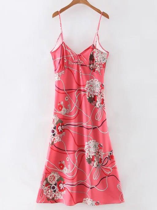 Shein Pink Spaghetti Strap Floral Bow Tie Dress