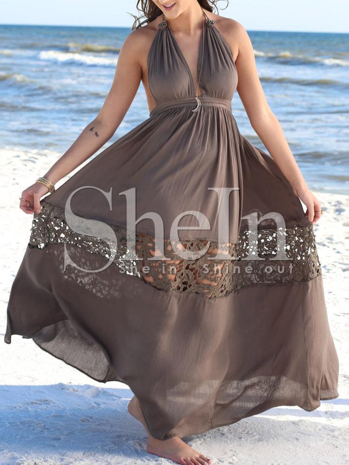 Shein Brown Deep V Neck Backless Crochet Insert Maxi Dress