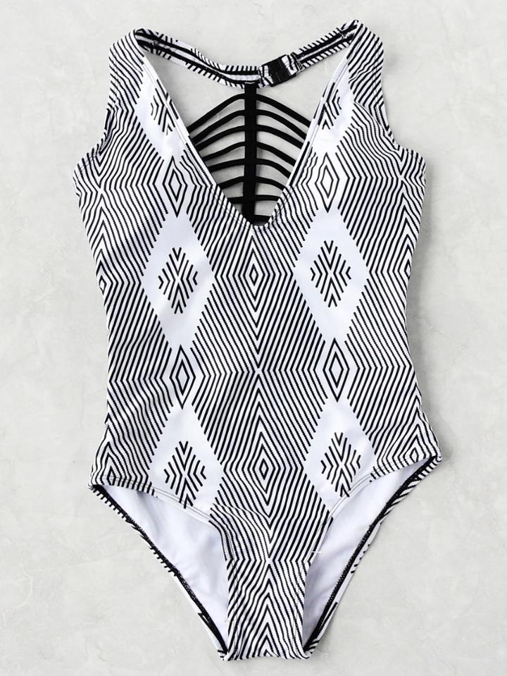Shein Geometric Print Ladder Cutout One Piece Swimsuit