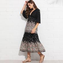 Shein Bell Sleeve Split Back Calico Dress