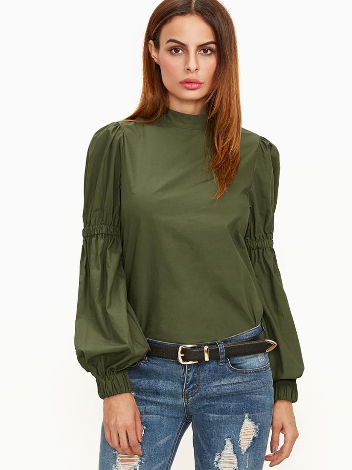 Shein Olive Green Elastic Lantern Sleeve Blouse