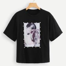 Shein Pearl Beaded Figure Print Tee