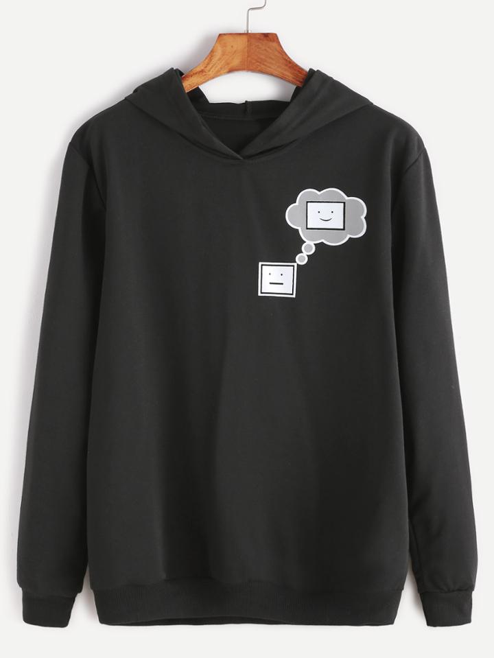 Shein Black Hooded Graffiti Print Sweatshirt