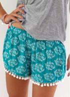 Rosewe Blue Elastic Waist Printed Pom Pom Shorts