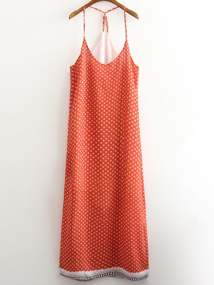 Shein Orange Print Backless Spaghetti Strap Beach Maxi Dress