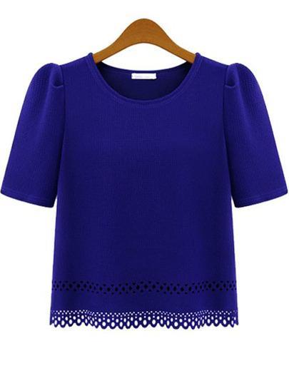 Shein Blue Short Sleeve Hollow Chiffon Blouse