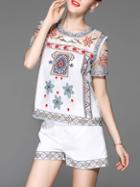 Shein White Vintage Embroidered Top With Shorts