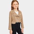 Shein Girls Zip Front Stepped Hem Suede Jacket