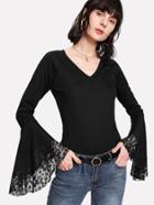 Shein Fluted Sleeve Lace Panel Tee